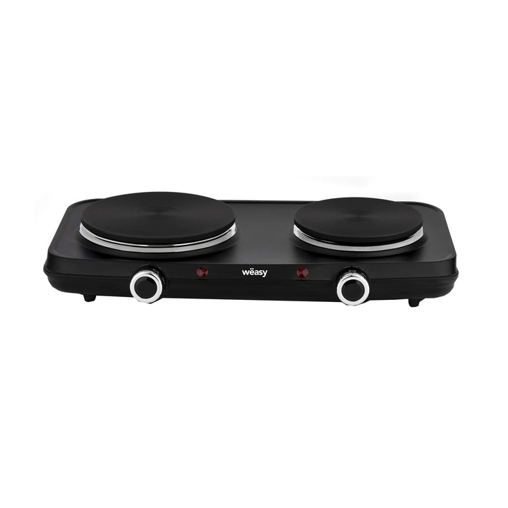 Електрическа печка Weasy, PLW225, две горелки, регулируема температура, бързо нагряване, компактен дизайн, термостат, мощност 2250 W, черна