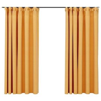 Set de 2 draperii opace cu aspect de panza cu carlige, vidaXL, Tesatura, 140 x 175 cm, Galben Set de 2 draperii opace cu aspect de panza cu carlige, vidaXL, Tesatura, 140 x 175 cm, Galben