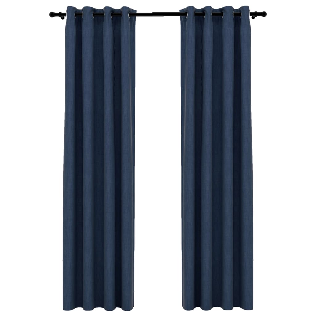 Set de 2 draperii opace cu aspect de panza cu ocheti, vidaXL, Tesatura, 140 x 225 cm, Albastru