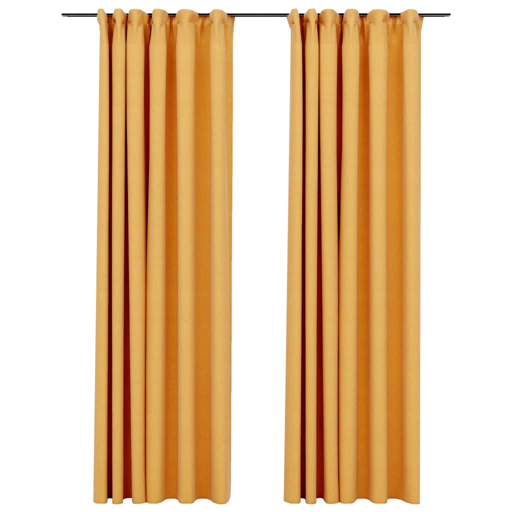 Set de 2 draperii opace cu aspect de panza cu carlige, vidaXL, Tesatura, 140 x 225 cm, Galben