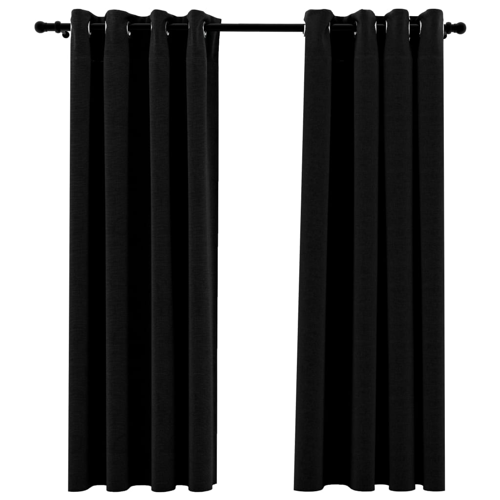 Set de 2 draperii cu aspect de in cu ocheti, vidaXL, Tesatura, 140 x 175 cm, Negru