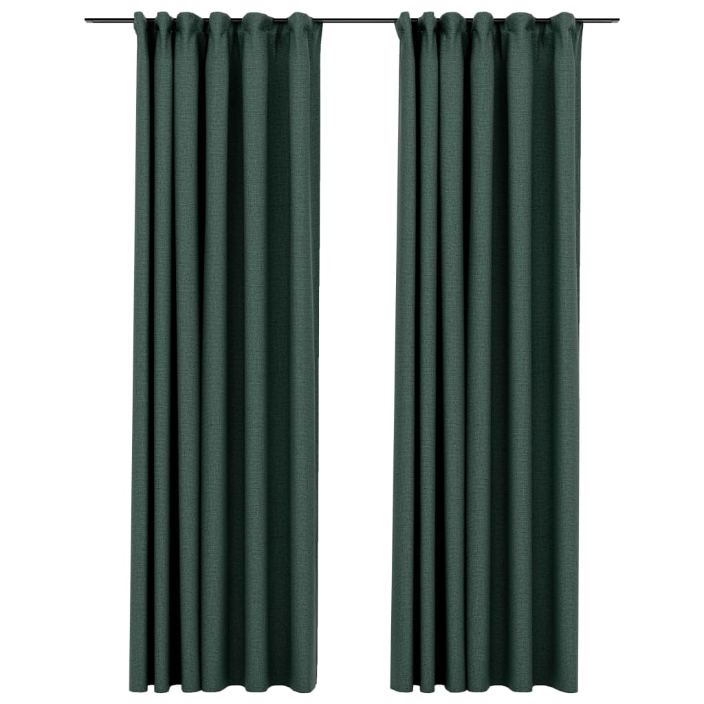 Set de 2 draperii opace cu aspect de in cu carlige, vidaXL, Tesatura, 140 x 245 cm, Verde