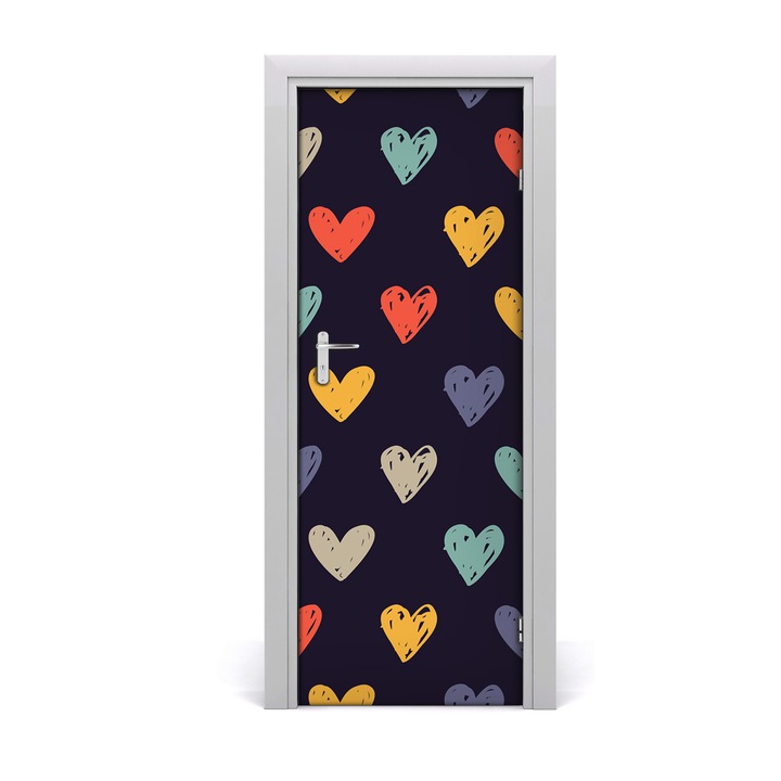 Stickere decorative, Tulup, Autocolante pentru usi, model inimi pline de culoare, 75 x 205 cm
