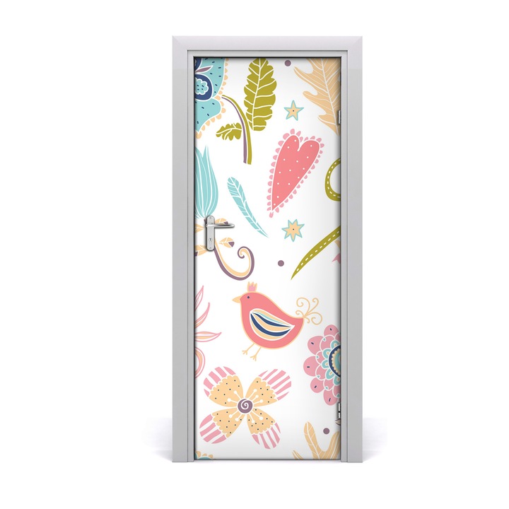 Stickere decorative, Tulup, Autocolante pentru usi, model Plante si pasari, 75 x 205 cm