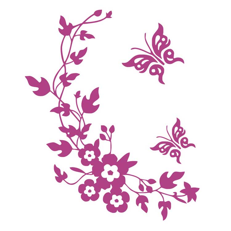 Sticker decorativ 3D cu Flori si fluturasi, 28cm x 34 cm, culoare roz