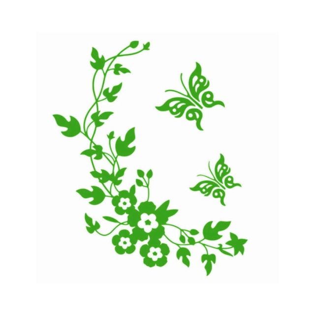 Sticker decorativ 3D cu Flori si fluturasi, 28cm x 34 cm, culoare verde