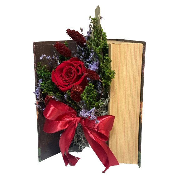 Aranjament floral cu trandafir criogenat si flori stabilizate sub forma de carte, rosu