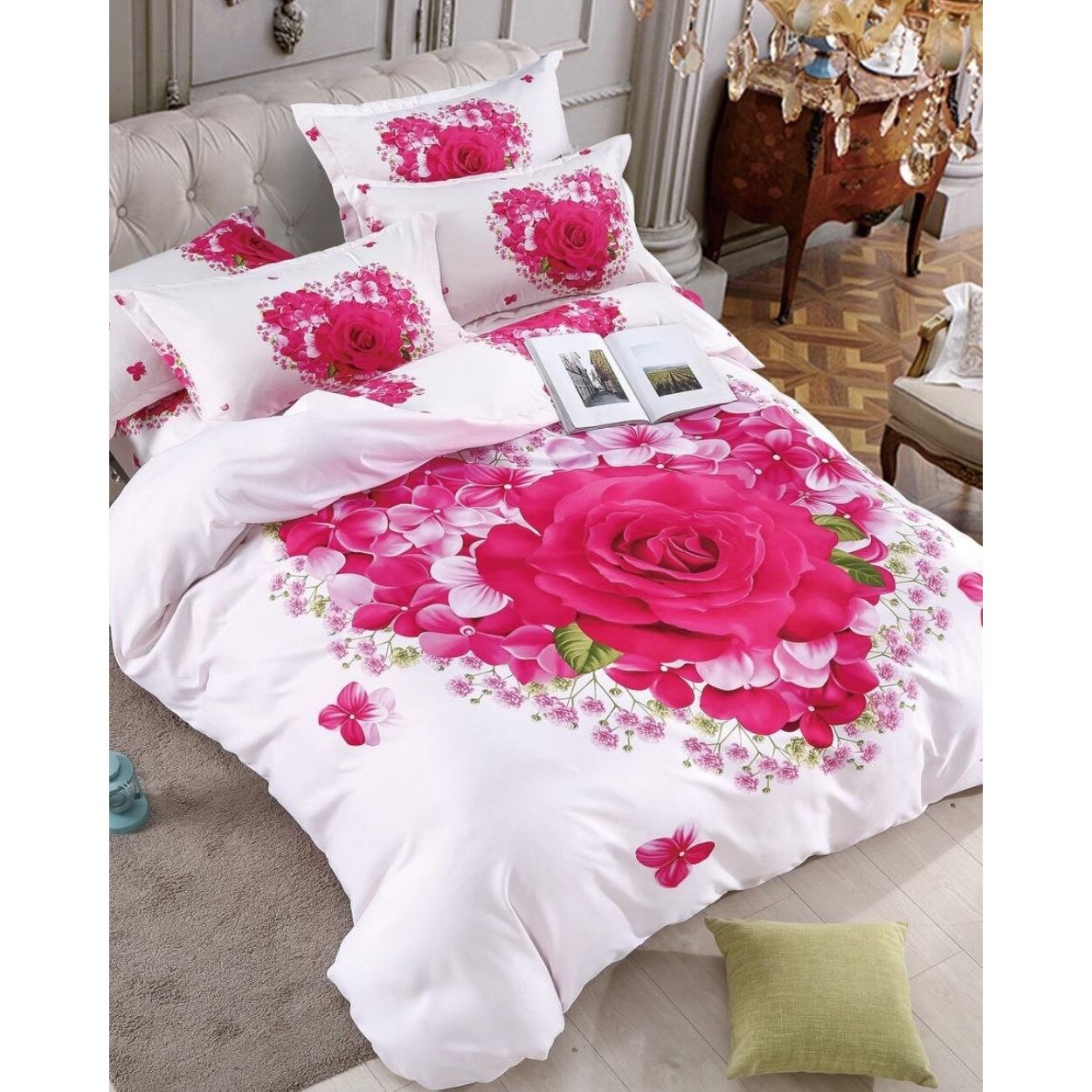 Lenjerie de Pat din Finet cu 2 Fete, 6 Piese, Pat 2 Persoane, Pink Rose