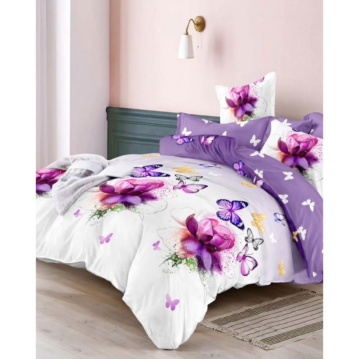 Set Lenjerie Finet, Cearceaf de Pat cu Elastic, 6 Piese, Pat 2 Persoane, Lilac Flower