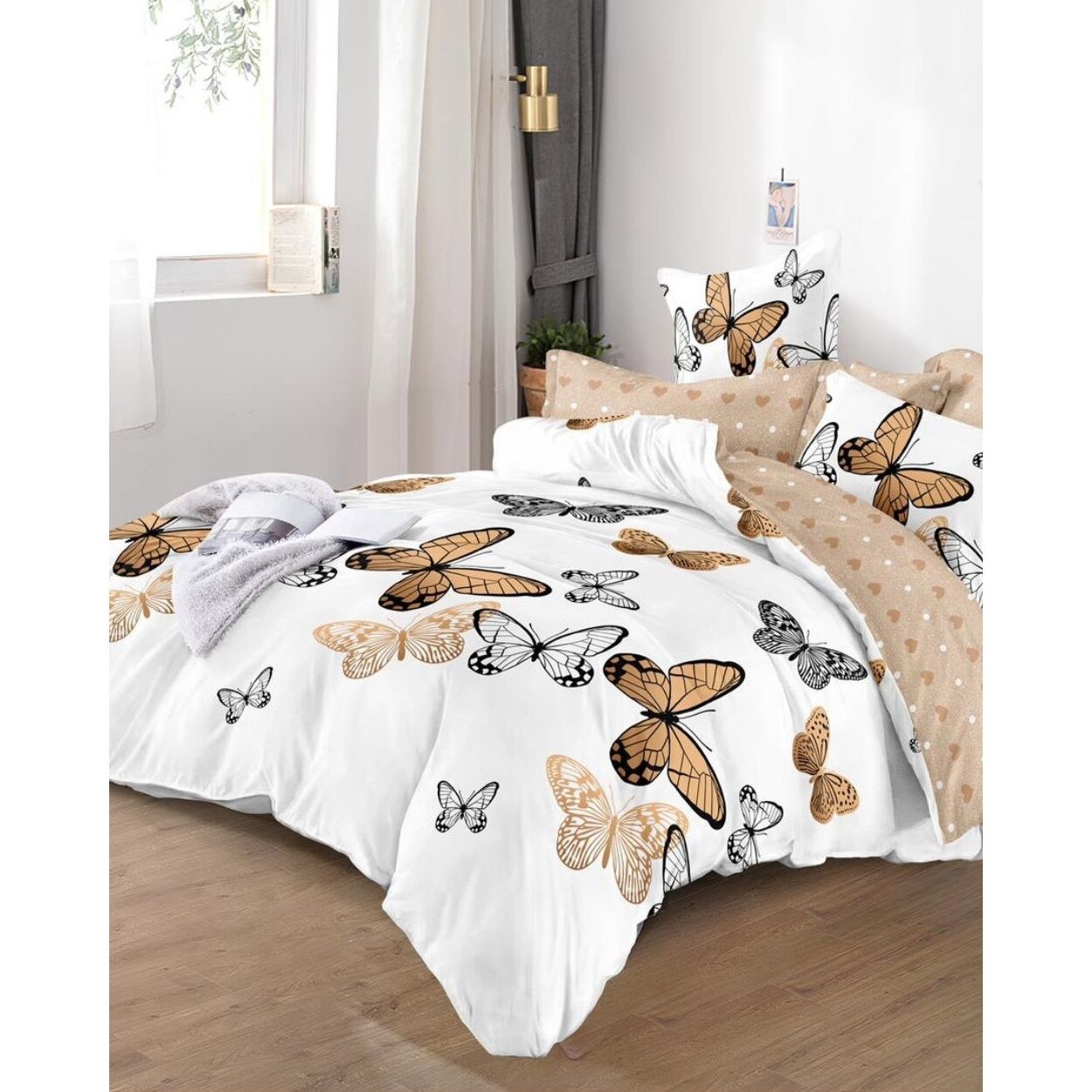 Set Lenjerie Finet, Cearceaf de Pat cu Elastic, 6 Piese, Pat 2 Persoane, Fluturi Bej