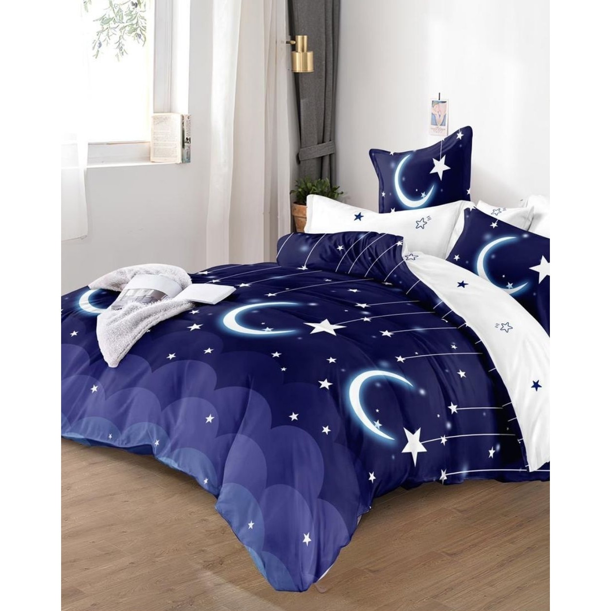 Set Lenjerie Finet, Cearceaf de Pat cu Elastic, 6 Piese, Pat 2 Persoane, Night Sky