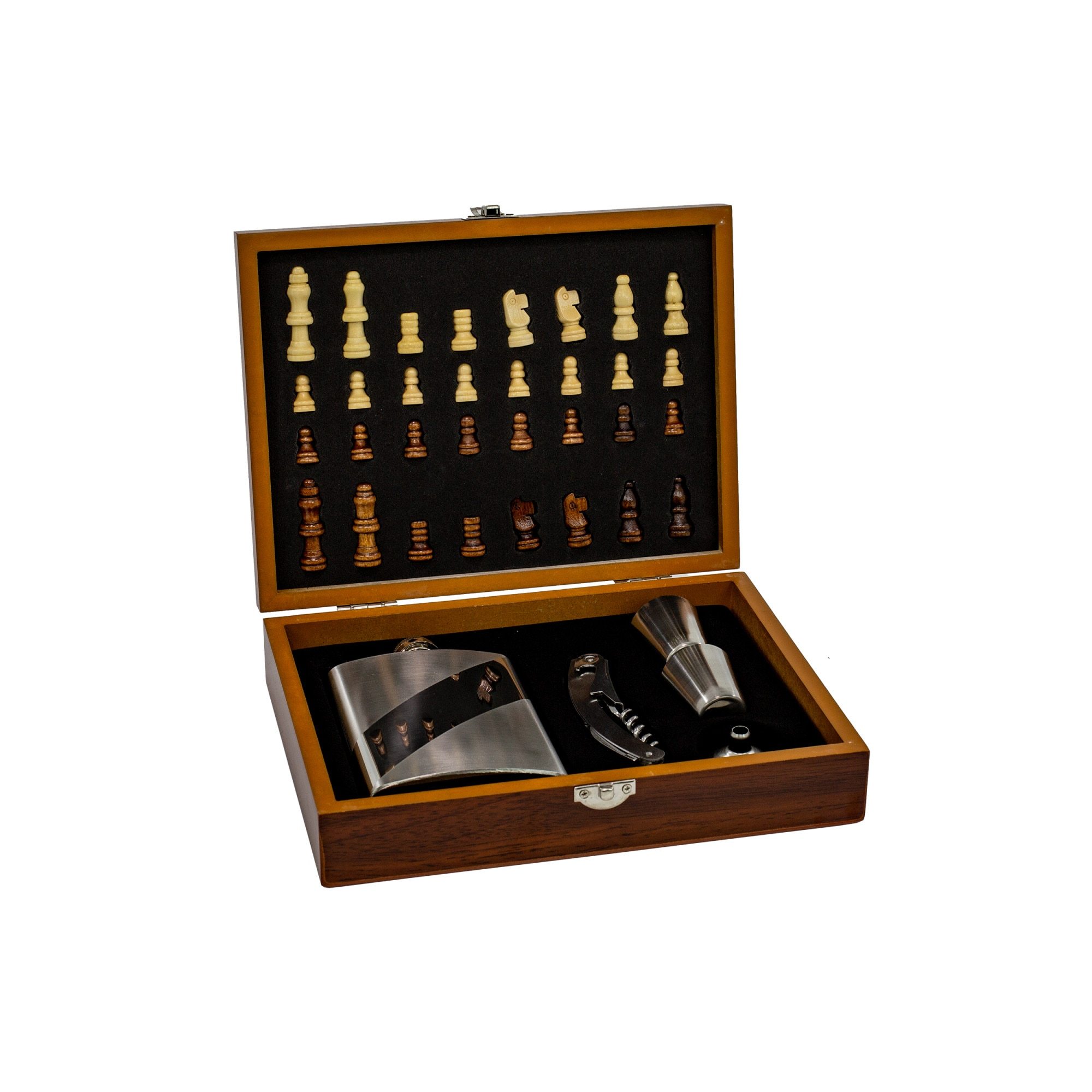 Set cadou cu joc de sah complet, plosca inox 250 ml, 2 shot-uri, desfacator si palnie