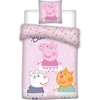 Lenjerie de pat copii, inscriptionata cu Peppa Pig, bumbac 100%, 2 piese, 135 x 100 Lenjerie de pat copii, inscriptionata cu Peppa Pig, bumbac 100%, 2 piese, 135 x 100