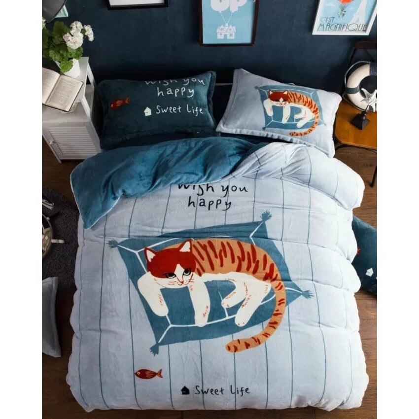 Lenjerie Cocolino de pat dublu, 4 piese, Jojo Cat in bed