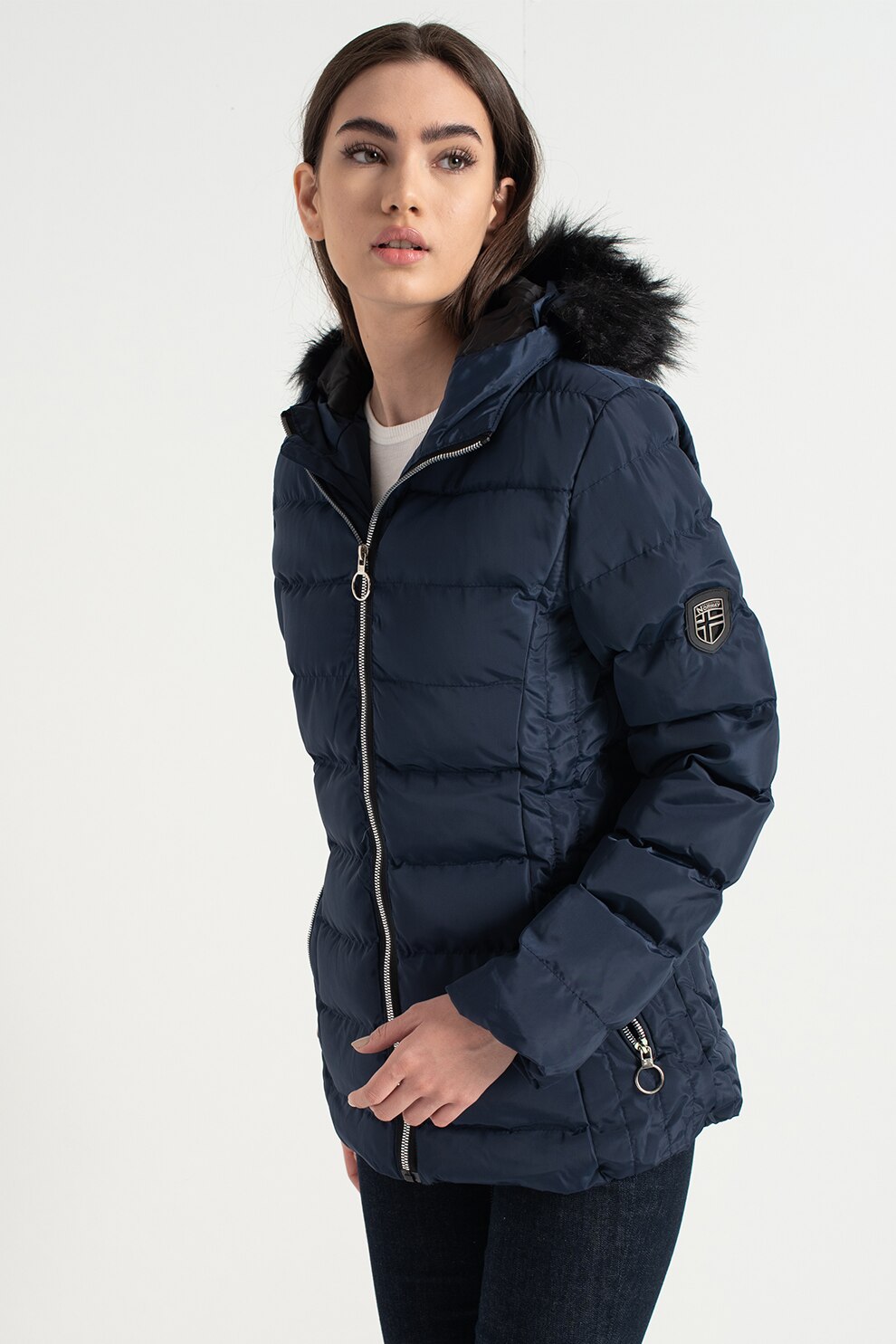 Geographical Norway, Geaca cu detalii din blana sintetica Angely, Bleumarin