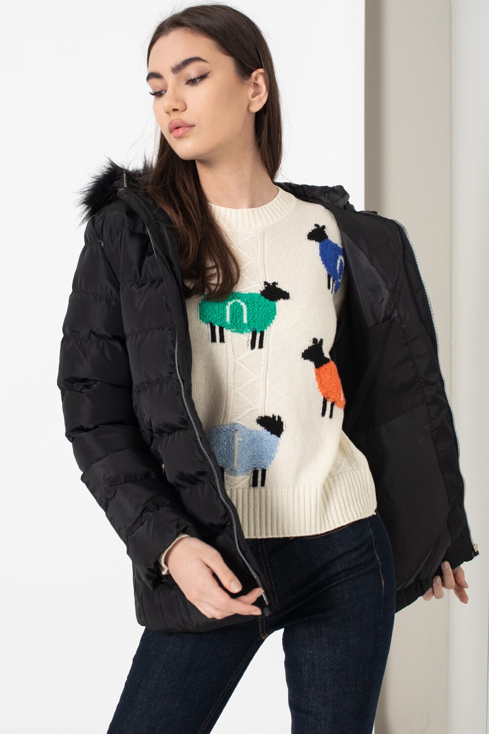 Geographical Norway, Geaca cu detalii din blana sintetica Angely, Negru