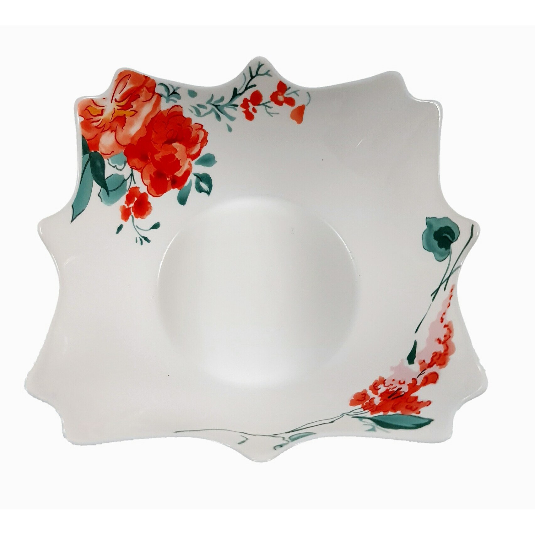 Bol mare alb opal,patrat,19cm,decor floral rosu
