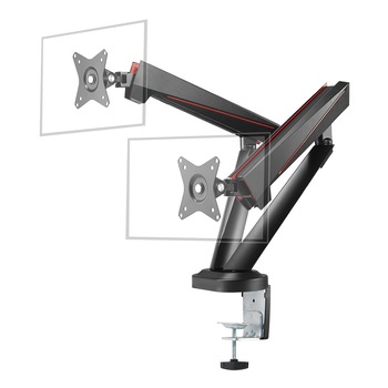 Suport birou 2 monitoare DELTACO GAMING Spring-Assisted Pro, 17''-32'', VESA 75x75 / 100x100, negru/rosu Suport birou 2 monitoare DELTACO GAMING Spring-Assisted Pro, 17''-32'', VESA 75x75 / 100x100, negru/rosu