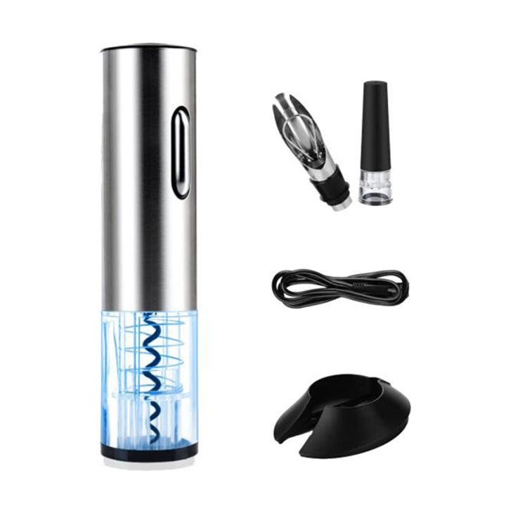 Set tirbuson electric reincarcabil, 5 piese, Inox/Aliaj de aluminiu, 26 x 10 x 8 cm, Argintiu