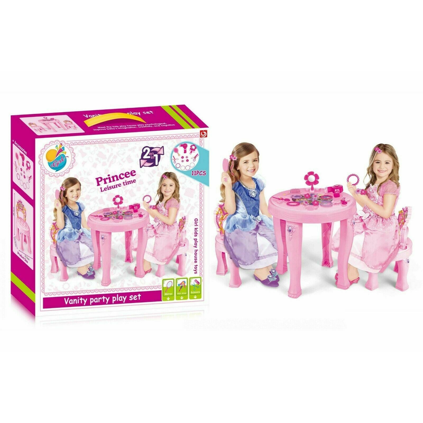 Set de joaca pentru servit ceaiul cu Masuta si 2 scaunele + multiple accesorii, 14 piese, Roz