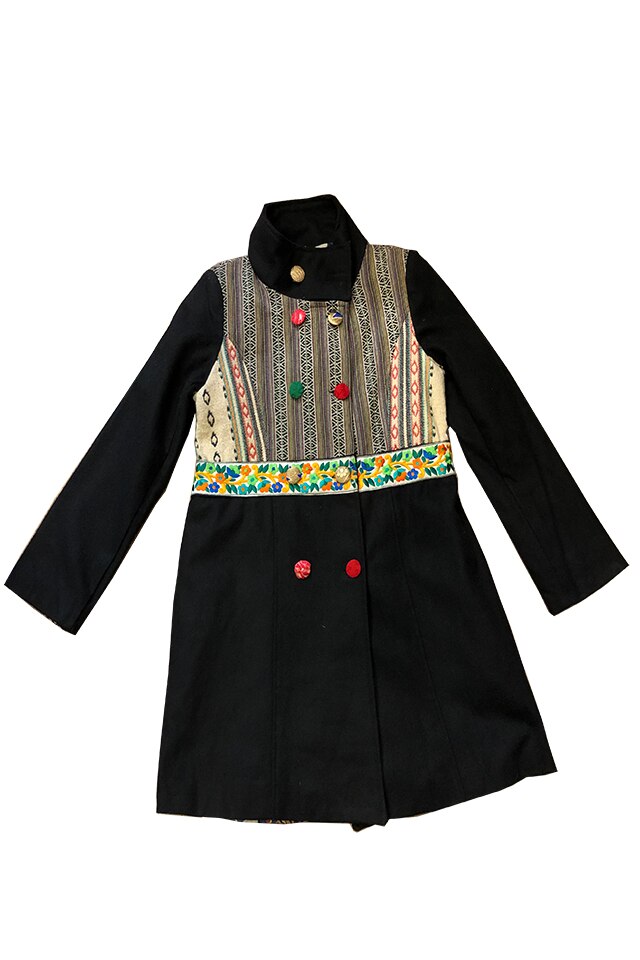 Palton din lana cu broderie flori galbene si insertii de material cu imprimeu geometric, Sadhana, marime 2XL, Multicolor