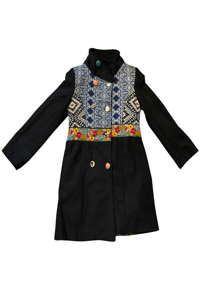 Palton Sadhana din lana cu broderie si insertii de material cu imprimeu, 2XL, Multicolor