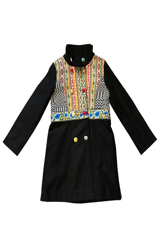 Palton din lana cu broderie flori albastre si insertii de material cu imprimeu geometric, Sadhana, 2XL, Multicolor