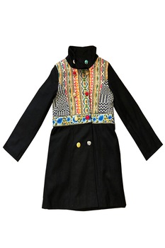 Palton din lana cu broderie flori albastre si insertii de material cu imprimeu geometric, Sadhana, 2XL, Multicolor Palton din lana cu broderie flori albastre si insertii de material cu imprimeu geometric, Sadhana, 2XL, Multicolor