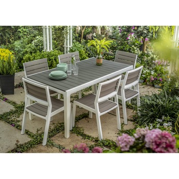 Masa de gradina, dreptunghiulara, Keter Harmony, 160 x 90 x 74 cm, aspect lemn, alb-gri Masa de gradina, dreptunghiulara, Keter Harmony, 160 x 90 x 74 cm, aspect lemn, alb-gri