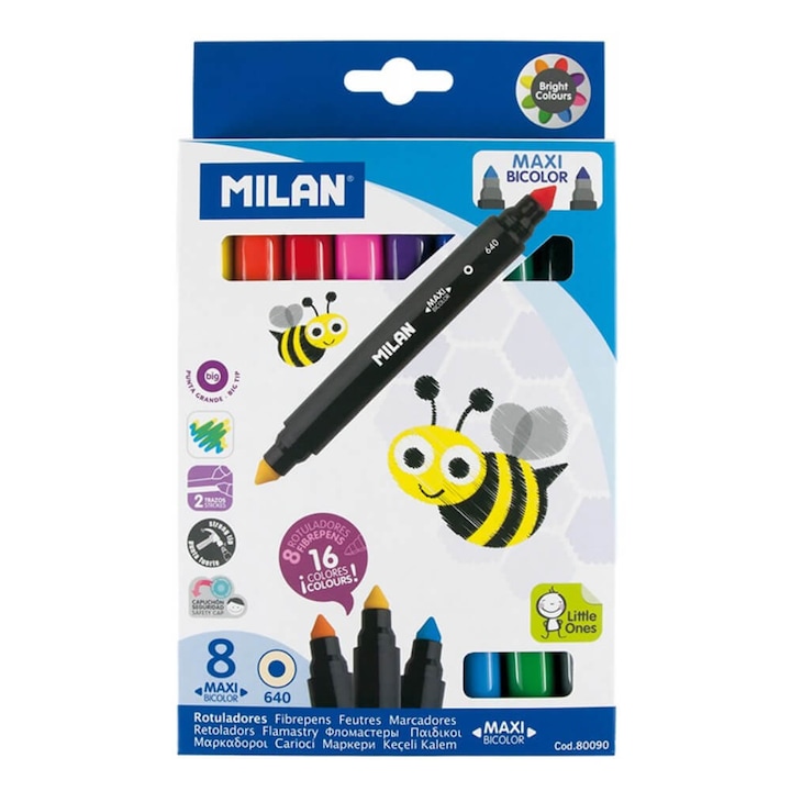 Set 8 Carioci Multicolore cu Doua Capete MILAN Maxi Bicolor, 16 Culori cu Cantitate Mare de Cerneala