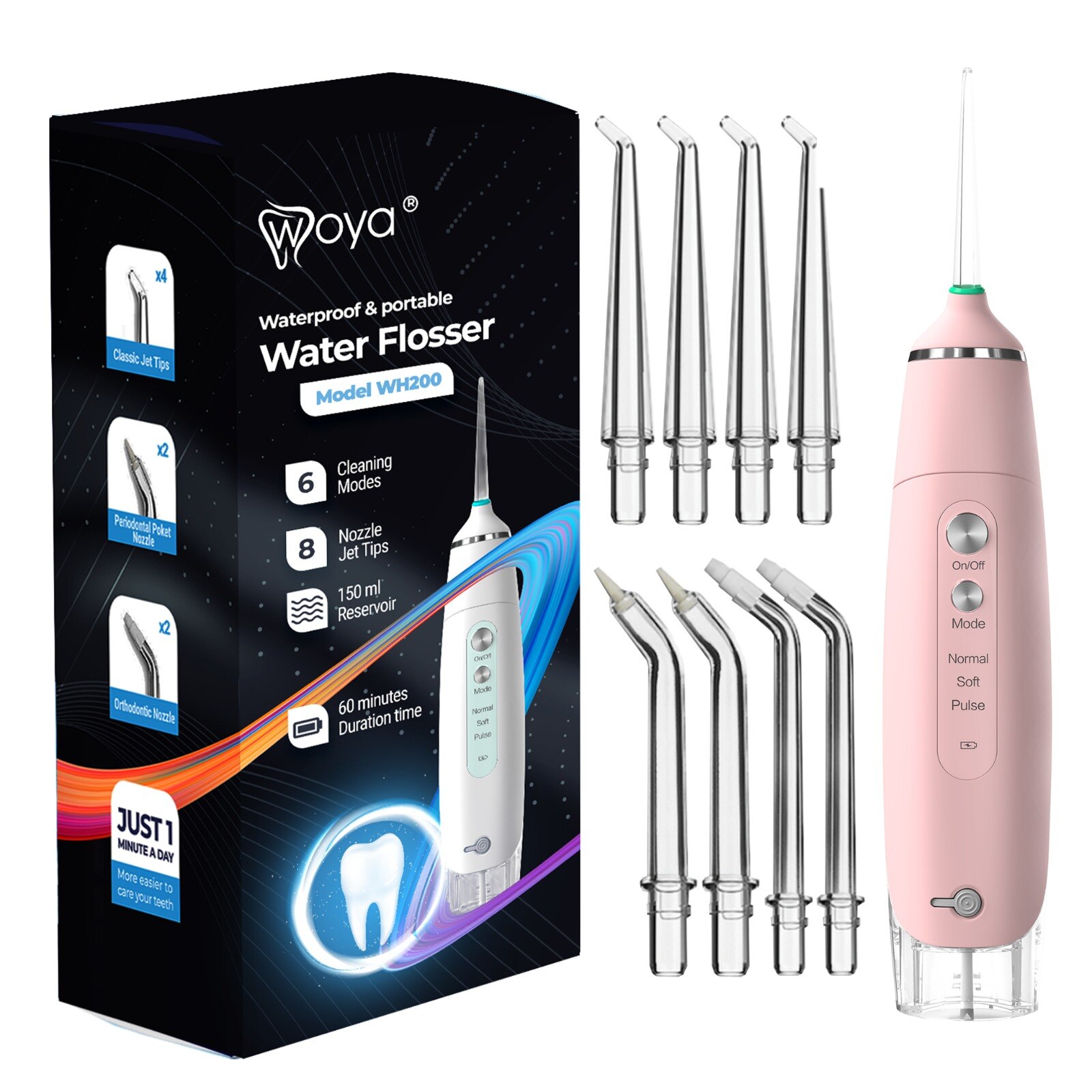 Irigator dus Bucal profesional, portabil, USB, 6 programe, 8 capete, rezervor 150 ml, Woya WH200, Roz