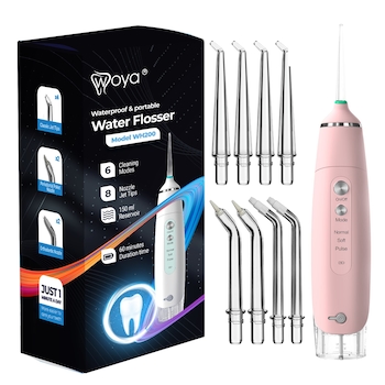 Irigator dus Bucal profesional, portabil, USB, 6 programe, 8 capete, rezervor 150 ml, Woya WH200, Roz Irigator dus Bucal profesional, portabil, USB, 6 programe, 8 capete, rezervor 150 ml, Woya WH200, Roz