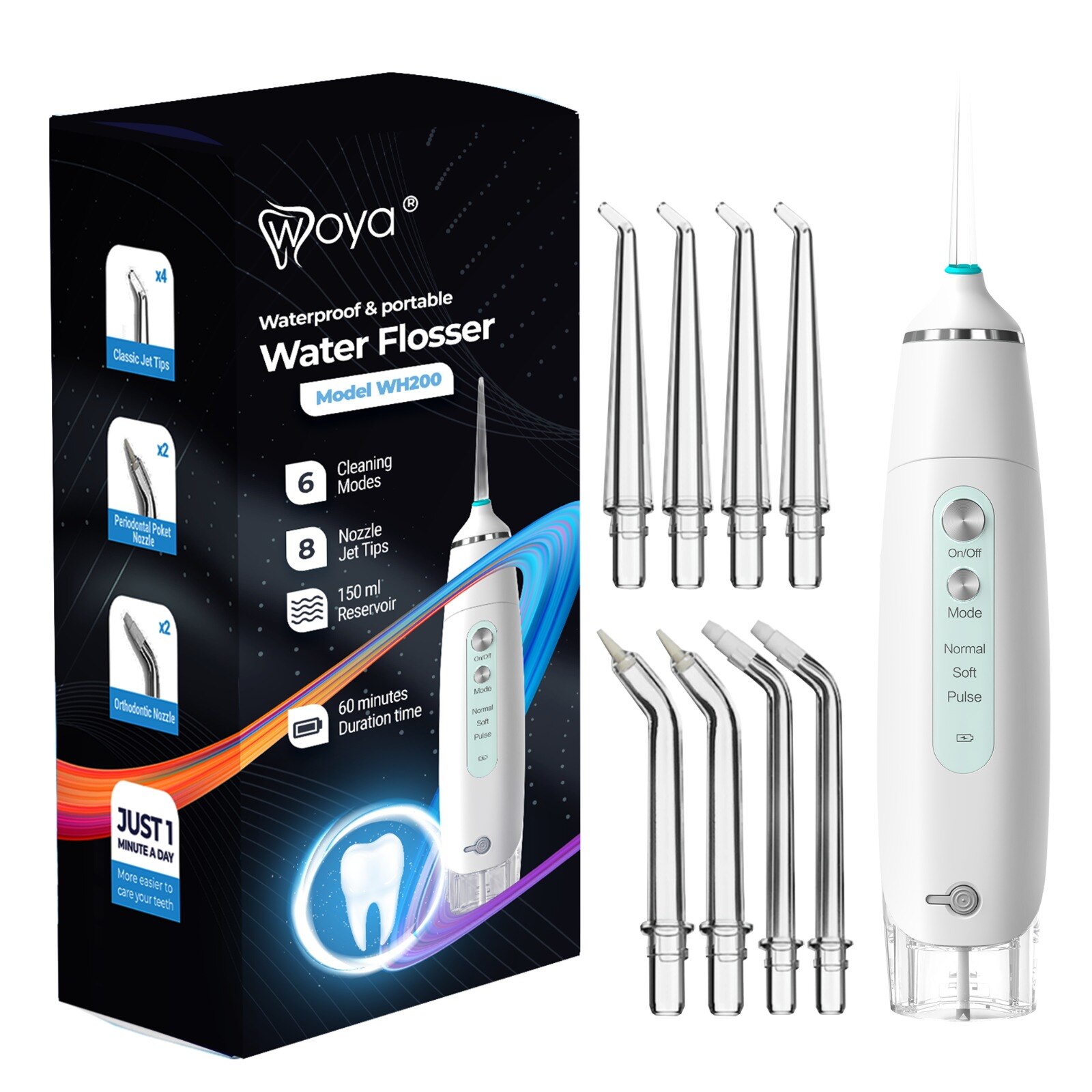 Irigator dus Bucal profesional, portabil, USB, 6 programe, 8 capete, rezervor 150 ml, Woya WH200, Alb
