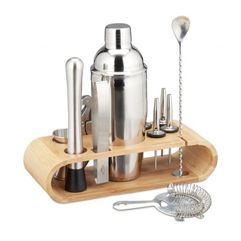Set cocktail 11 piese inox + suport bambus, Relaxdays Set cocktail 11 piese inox + suport bambus, Relaxdays