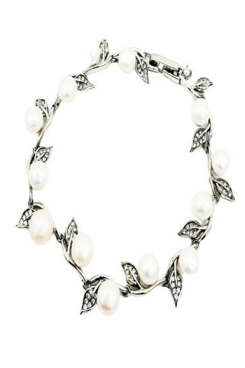 Bratara Argint 925 cu perle naturale si frunzulite cu pietre de zirconiu