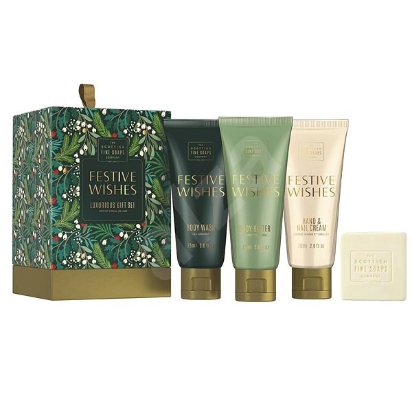 Set cadou, Festive Wishes, Crema de maini 75 ml, Unt de corp 75 ml, Gel de dus 75 ml, Sapun de lux 40 gr