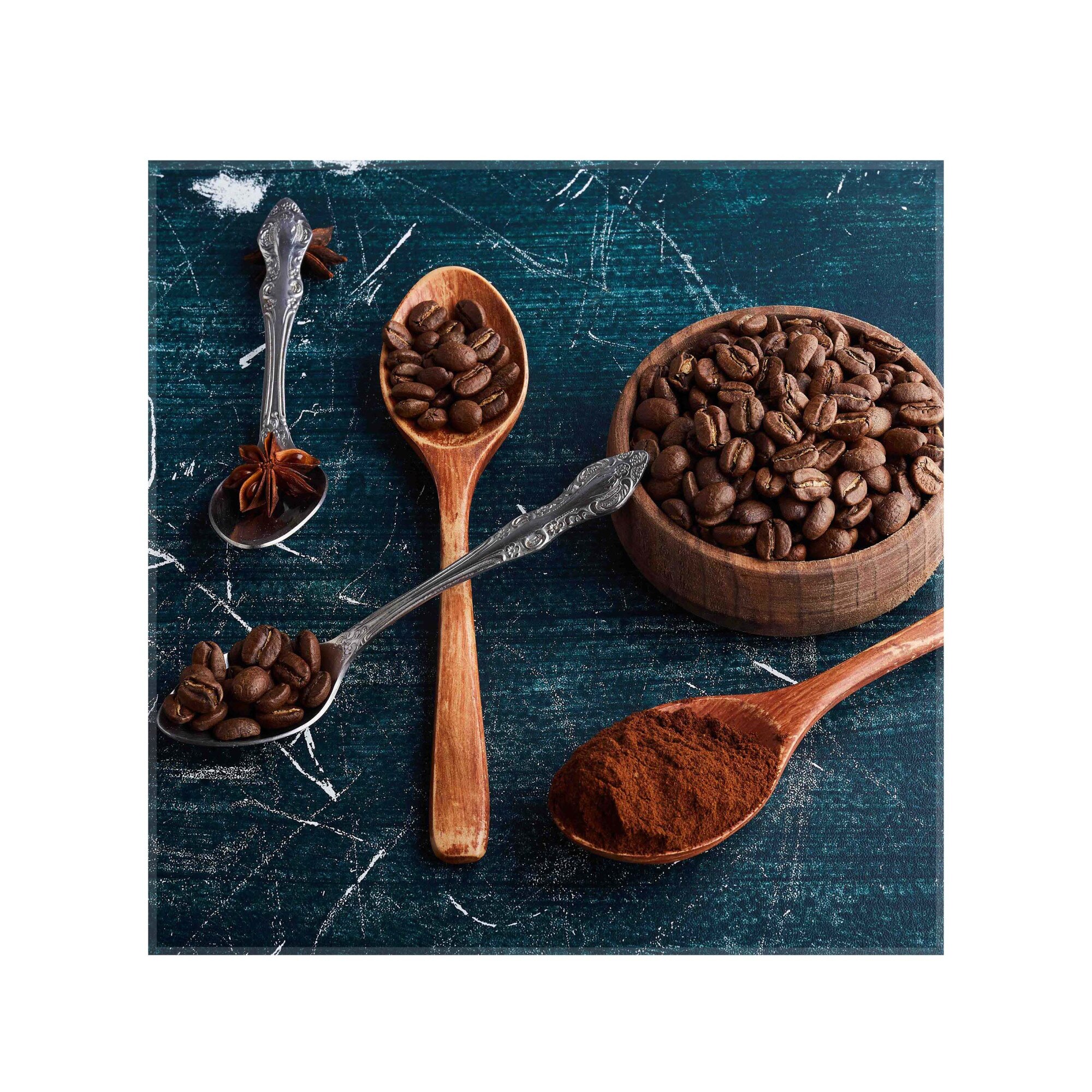 Panou decorativ sticla bucatarie securizata Saint Gobain Glass, imprimata 65x65cm, protectie antistropire pentru aragaz, Ambra Deco, Boabe cafea si linguri