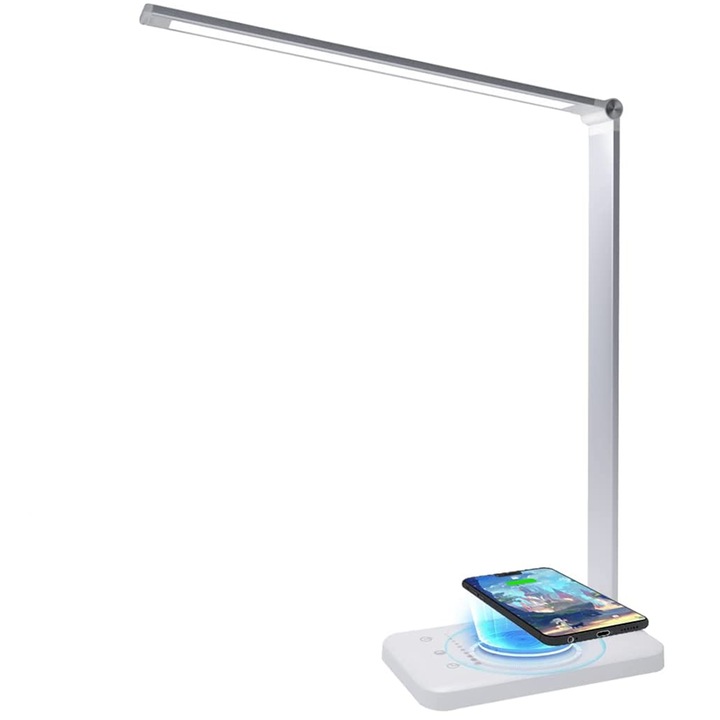Lampa birou cu LED Quasar & Co.®, incarcare wireless telefon Andoid si IOS, touch control, reglare intensitate lumina rece/calda, timing inchidere, alb/argintiu