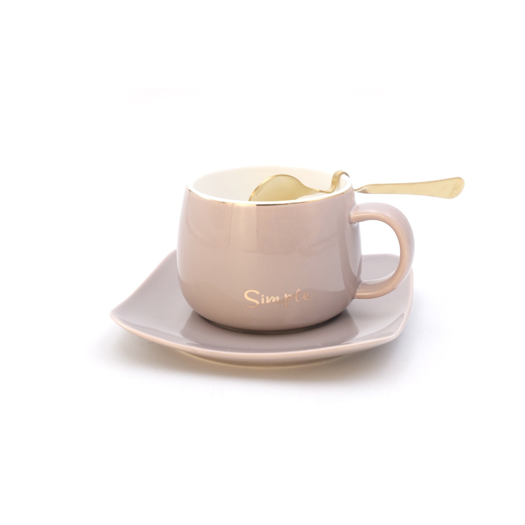 Set cana de cafea cu tavita si lingurita diferita, crem, 300 ml