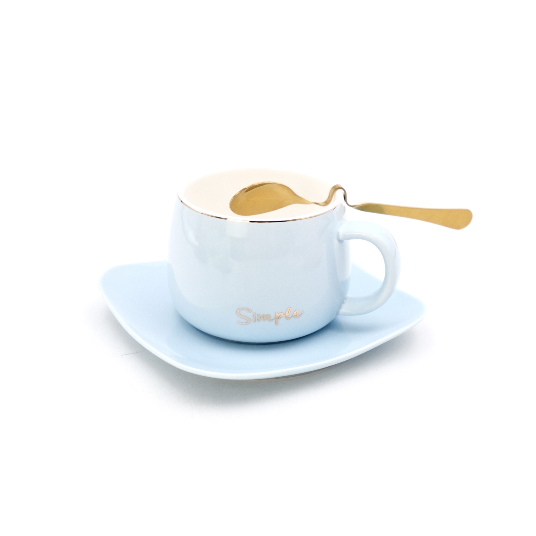 Set cana de cafea cu tavita si lingurita diferita, bleu, 300 ml