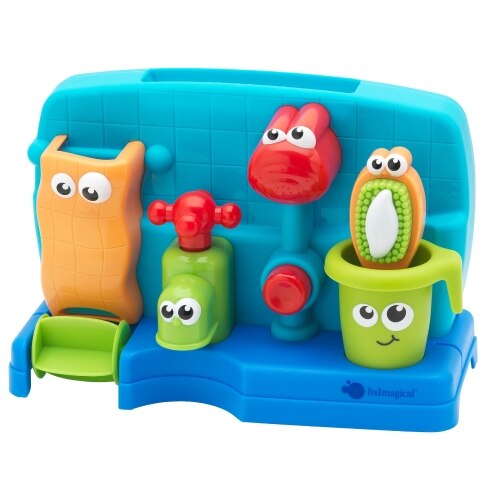 Joc pentru baie Imaginarium Glu-glu My Bath cu 4 activitati, morisca de apa, robinet, dus si ceasca cu periuta de dinti