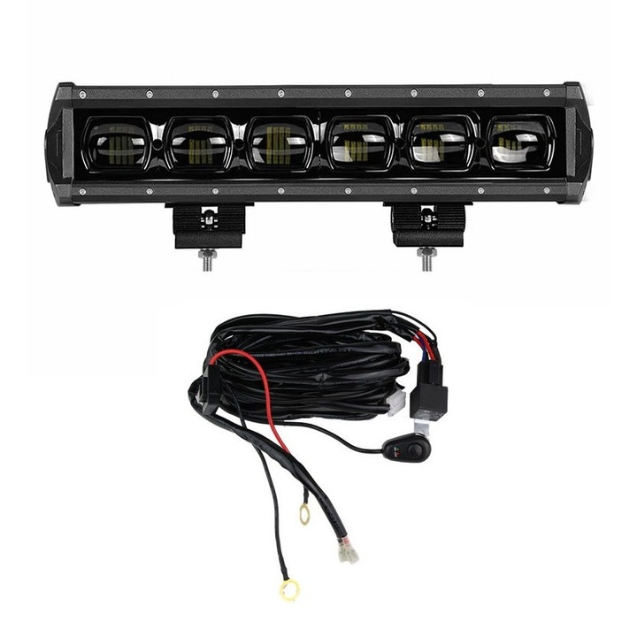 LED Bar 60W 6D 12V-24V, 6480 Lumeni, 15"/37 cm + cablaj alimentare cu releu, siguranta si buton on/off
