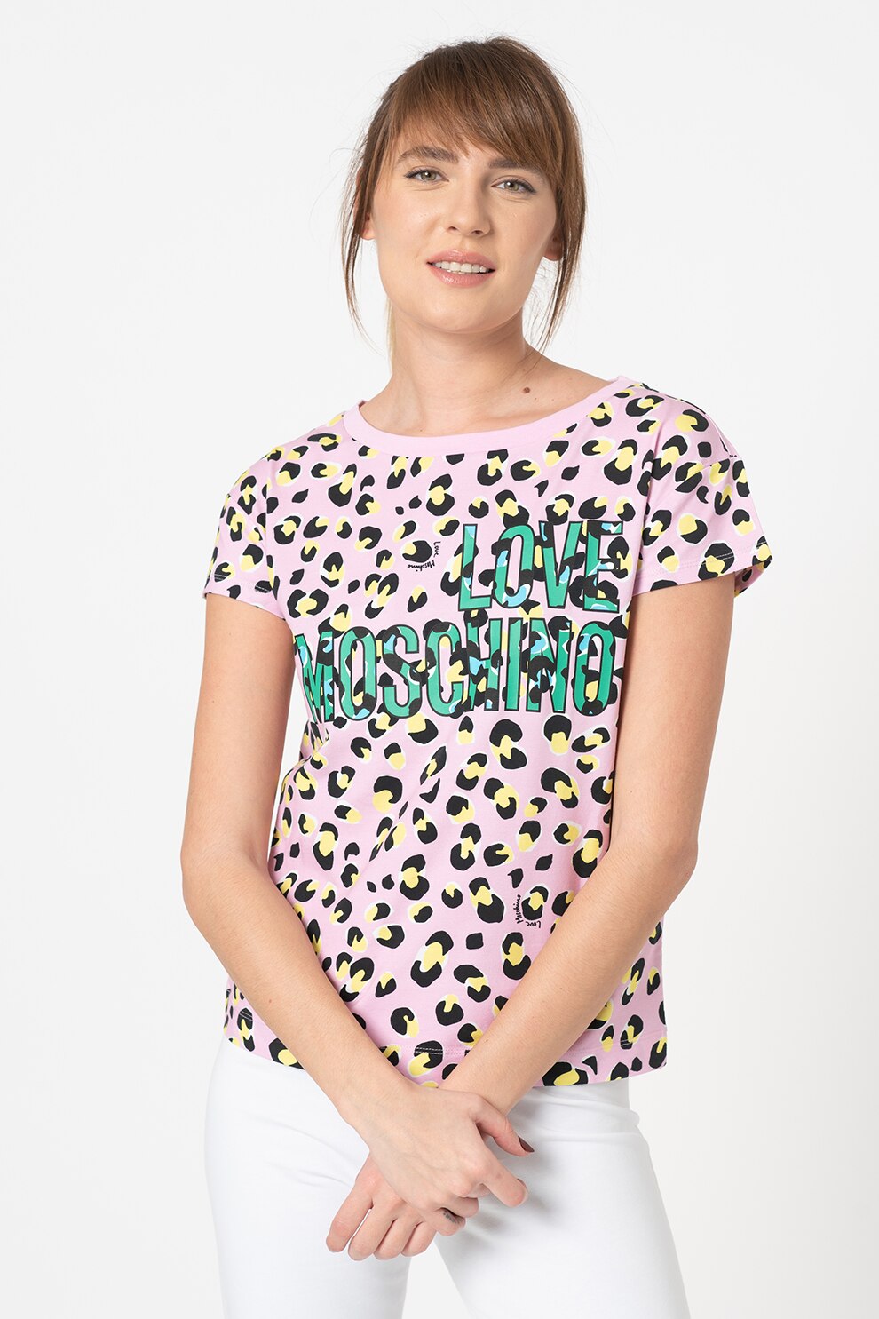 Love Moschino, Tricou cu animal print si logo supradimensionat, Roz/Galben/Verde
