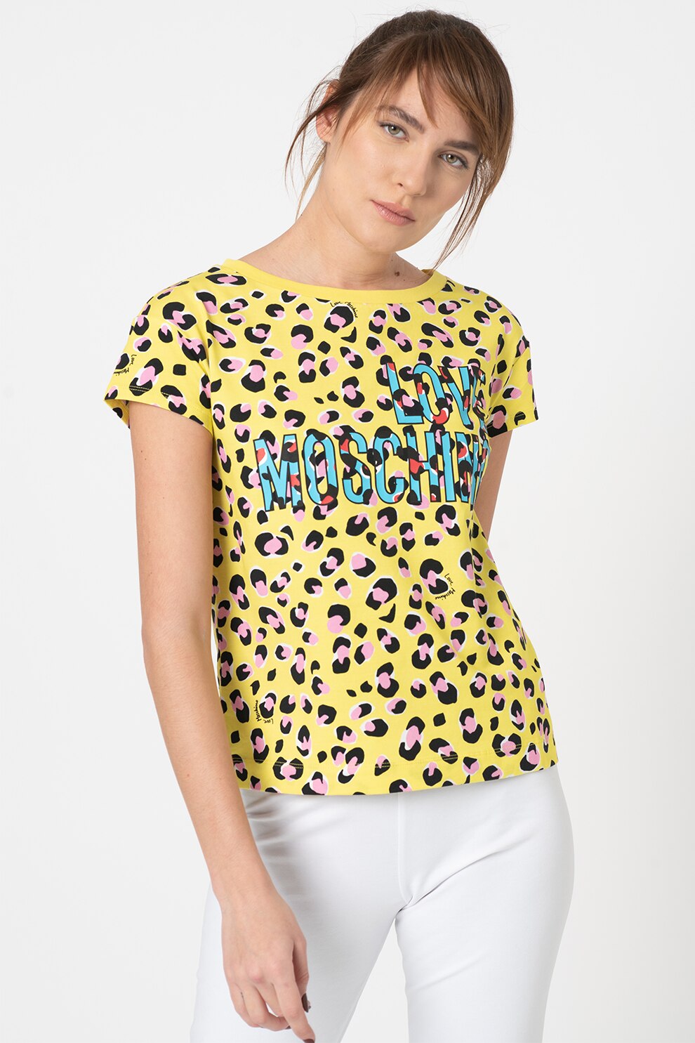 Love Moschino, Tricou cu animal print si logo supradimensionat, Galben/Roz/Albastru