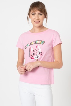 Love Moschino, Tricou cu decolteu la baza gatului si broderie text, Roz/Galben/Maro Love Moschino, Tricou cu decolteu la baza gatului si broderie text, Roz/Galben/Maro