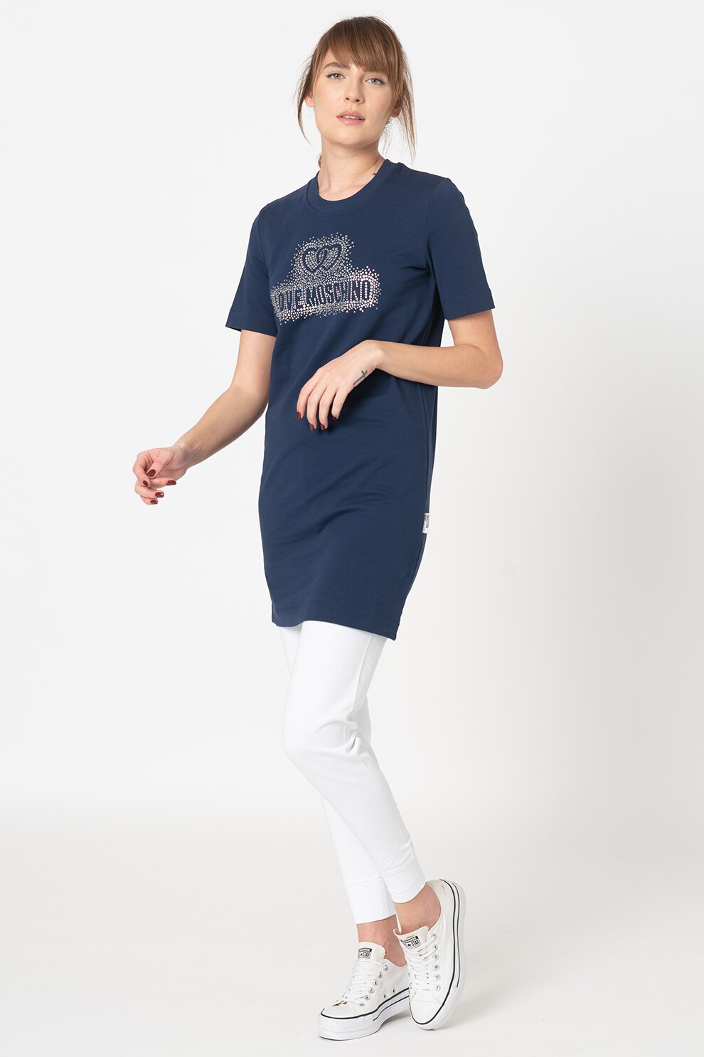 Love Moschino, Rochie tip tricou cu logo si strasuri, Bleumarin/Argintiu