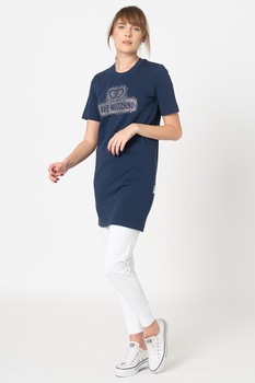 Love Moschino, Rochie tip tricou cu logo si strasuri, Bleumarin/Argintiu Love Moschino, Rochie tip tricou cu logo si strasuri, Bleumarin/Argintiu