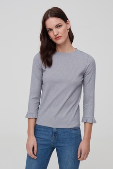 OVS, Bluza cu maneci trei sferturi si insertii de fire metalice, Gri deschis, XL OVS, Bluza cu maneci trei sferturi si insertii de fire metalice, Gri deschis, XL