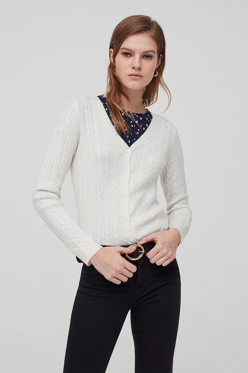 OVS, Cardigan cu decolteu in V si model torsade, Alb