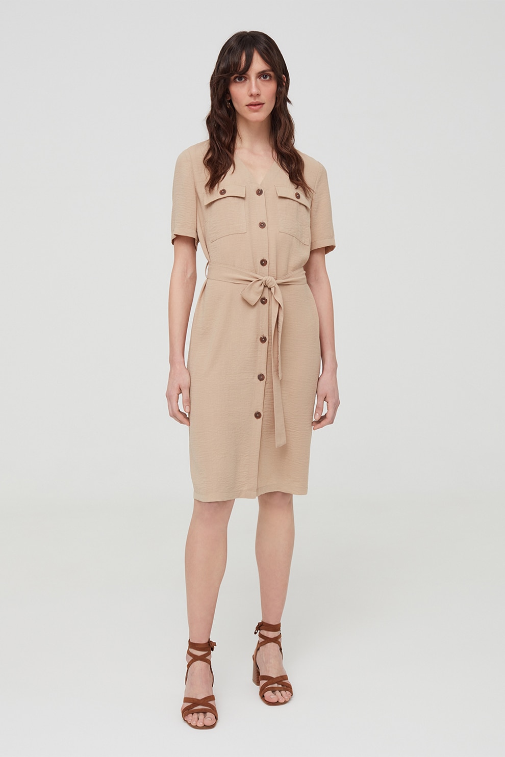 OVS, Rochie midi tip camasa cu cordon in talie, Maro camel